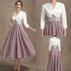 A-lijn V-hals thee-lengte Chiffon Lace Mother of the Bride Dress 2024 Half Sheeves Appliques Bridal Party Jurk Customed Robe de Soiree