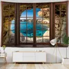 Paisagem de janela de madeira de estilo vintage Impressão de tapeçaria Papéis de parede boêmia Rapetes de decoração de casa J220804