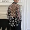 Mode män mesh skjorta transparent lång ärm tryckt lapel lös streetwear blus party klubbkläder casmia s5xl incerun 224896588