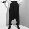 EAM 2020 Nuova Primavera Autunno di Alta Elastico In Vita Bottone Nero Split Joint Sottile Allentato Pantaloni Trasversali Delle Donne Pantaloni Moda LJ201029