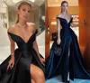 Sexy Dark Navy Satin Simple A Line Prom Dresses V Neck Pleats Front Slit Formal Evening Gowns Off Shoulder Arabic Aso Ebi Special Occasion Dress Robe de Soiree