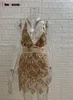 Niglub Sparkle Backless Tassel Sequins Bodycon Dres Deep V Neckrock Bandage Chirstmas Party Dresses Födelsedag Outfits 220402
