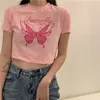 ファッションウーマンTシャツトップヴィンテージバタフライパンクプリント半袖OワンサイズTシャツ女性長Tシャツ220602