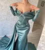 Sexy Elegant Mermaid Evening Dresses Long Sleeves Prom Gowns Beaded Crystals Off The Shoulder Sweep Train Satin Formal Dress Custom Made