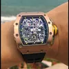 Luxury Mens Mechanics Watch Richa Milles Brand Skeleton Automatic Mechanical Black Rubber Mens Yellow Dial Rose Gold Wristwatch