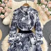 Elegante Blumen -Vintage Print Brand Designer Runway Kleider Frauen Herbst Polo Hals Langes Maxi -Hemd -Party Kleid 2023259a