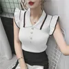 Sommer Mode Koreanische Schlank Crop Tops Frauen Umlegekragen Gestrickte T-shirts Ärmellose Rüschen T Shirt Weibliche T Shirt Femme 220521