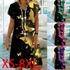 Summer Vneck Short Sleeve Fashion Printed Women's Dress Loose Casual Plus Size Midlength Dress X8L 220527