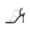 Sandaler 2022 Summer Crystal PVC för kvinnors ett-ord bälte stilett höga klackar rhinestone party prom woman skor