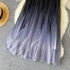 New women's spring summer elastic waist gauze mesh gradient color pleated shinny bling midi long big expansion skirt