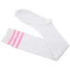 Chaussettes Bonneterie 1 paire Femmes Athlète Fines Rayures Solides Cuisses Collants Au-dessus Du Genou Blanc W Rose