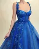 Vestidos de noite de azul royal elegantes para mulheres Plus Size Size Sexy V Lace Floral Applqiues Spaghetti Straps formais de vestido de baile de formatura