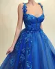 Sexy elegante azul royal A Line Prom Dresses V Neck Lace 3D Floral Sweep Spaghetti Straps Dress Vestido de noite vestidos formais feitos personalizados feitos