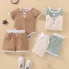 Kledingsets kleuren geboren baby zomer gebreide trui pakken peuter meisje jongen massieve korte mouw knop bodysuits shorts casual tracksuitsclo