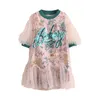 Yaz Tasarımı 3 4 5 6 8 10 12 Yıl Dantel Patchwork Çiçek Glitter Baskı Yarım Kollu Pamuk Astar Elbise Kızlar 220521