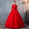 Other Wedding Dresses 2022 Vintage Red Chinese High Neck Half Sleeve Dress Lace Embroidery Flower Up Slim Princess Bridal GownOther