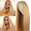 Honey Golden Blonde Bone Straight V Part Wigs Silky 100% Human Hair Wig Glueless Unprocessed Middle Open U Shape Full End