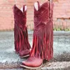 Botas de cowboy sapatos para mulheres borla saltos grossos apontados dedo do pé verde vermelho botas ocidentais moda deslizamento-em botas de cunha feminina 220725