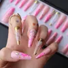 False Nails Pink French Spider Web Extra Gel Luxury Crystal Fasle Ballet Art Press On Nude Clear Artificial Coffin Fake Prud22