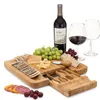 Kitchen Tools Bamboo Cheese Board Set With Cutlery In Slide-Out Drawer Including 4 Stainless Steel Knife and Serving Utensils SN3729