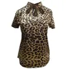 Women's Blouses & Shirts Plus Size 3XL Sexy Short Sleeve Stand Collar Gemstones Leopard Print Satin Women Hollow Out Blouse TopsWomen's
