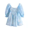 YENKYE été femmes floraison ciel couleur organza robe de princesse femme Sexy col carré manches bouffantes Mini robe de soirée courte robe 220406