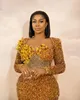 2022 بالإضافة إلى الحجم العربي Aso ebi Gold Gold Gold Seath Prom Dresses Sheer Cheer Neck Evening Party Second Second Sextip Orvice Dragement Dression Zj477