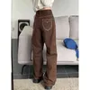 Brown Women's Jeans High midja Vintage Straight Baggy Denim Pants Streetwear Heart Mönster Design Fashion Wide Leg Denim Trouser T220728