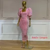 Vestidos de fiesta árabes de sirena rosa fucsia con manga hinchada 2022 Cuello cuadrado Lentejuelas con cuentas brillantes Vestido de compromiso de noche africano Aso Ebi