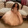 2022 Rose Flower Gold Girls Dresses for Wedding Beaded Toddler Pageant Gowns Long Ball Gown First Communion Dress