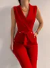 Sexy zwart kantoor jumpsuit dame elegante pocket metal knop bodycon playsuit casual mouwloze veter-up romper overalls 220505