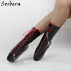 Botas de tornozelo preto de Sorbern com alças de renda vermelha Cunha de balé unisex sapatos personalizados amplos botas para senhoras heeless saltos altos