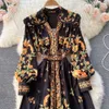 Fashion women royal style long sleeve dress single breasted v-neck lantern print flowers high waist maxi desinger long vestidos