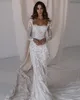 Pallas Couture Abiti da sposa da spiaggia a sirena con strascico staccabile 2022 Collo quadrato Manica lunga 3D Abiti da sposa a tromba in pizzo floreale