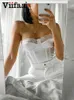 Viifaa Dantel Trim Beyaz Saten Straplez Seksi Korse Kırpma Üst Kadın Fermuar Geri Sıkı Büstiyer Clubwear Parti Kadın Ince Tops 220318