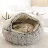 Vinter Long Plush Pet Cat Bed Round Cushion House 2 i 1 Varm Korg Sleep Bag Nest Kennel för liten hund 220323