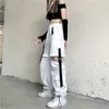 Houzhou White StreetWear Cargo Pant Y2K Harajuku Loose Patchwortk High Waist Byxor Casual Removable Techwear Korean 220325