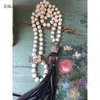 Pendant Necklaces Knot Glass Pearls Beads Necklace Black Tassel Fringe NM15487Pendant