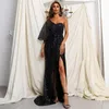 Sexy Black Evening Dresses Mermaid Puffy Long Sleeves Split Satin Formal Party Prom Gowns Pleats 2022 Designer sequined Celebrity Dress