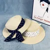 Wide Brim Hats Caluriri Women Hat Summer Beach Resort Sun Polka Dot Bow Ribbon Bone Flat Top Panama Straw HatWide Wend22