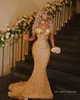 Plus Size Arabic Aso Ebi Gold Sparkly Mermaid Prom Dresses Beaded Crystals Evening Formal Party Second Reception Birthday Gowns Dress