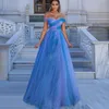 Regenbogen blau lang 2022 Abschlussballkleider Saudi Arabisch Perlen Plus Size Sweep Zug Abendkleid Mitte aus Schulterspezialpartykleidern