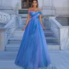 Rainbow Blue Long 2022 Prom Dresses Saudi Arabic Poaded Plus Size Sweep Train Evening Dress Custom Made Off Shoulder Special Party Gowns