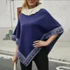 Damenpullover Damen Vintage Muster Patchwork Cape Mantel Plüsch Rollkragen Fledermausärmel Unregelmäßiger Saum Warmer Mantel Strickwaren für