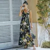 Sukienki swobodne Summer Maxi Bohemian V-Neck Camisole Floral Prairie Chic Backless Flare Flare Cute Black Brown Długie sukienki