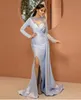 Sexy Elegant Arabic Evening Dresses Jewel Neck Illusion Crystal Beading Long Sleeves Mermaid Side Split Light Blue Prom Gowns Spec5855730