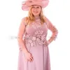 غبار الشاي الوردي طول الفساتين الأم الدانتيل أعلى خط زفاف ضيف مع ثلاثة Quater Sleeve تنورة تنورة