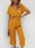 Förlustsky kvinnor jumpsuits rompers sommar casual tryck V-ringficka övergripande jumpsuit kort hylsa bred ben lös jumpsuit 220725