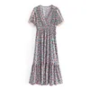 Summer Vintage Floral Printed Midi Dress Women V Neck Short Sleeve Dress Kvinna Elegant A Line Sundress Vestidos 220511