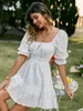 Lace up hollow out knot summer white dres Holiday casual high waist ruffled mini dresses Aline frills vestido 220615